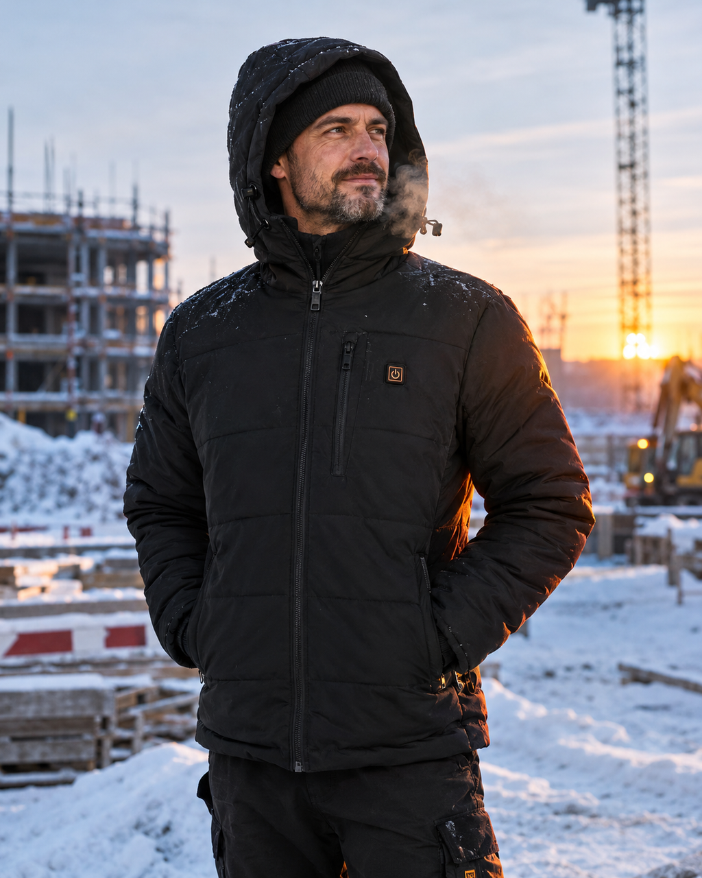 Hombre trabajando en exterior con la parka calefactable Heatvo