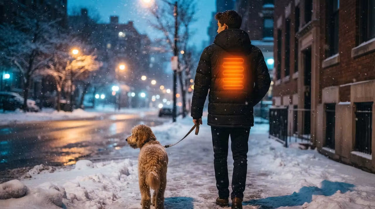 Paseando al perro de noche con la parka calefactable Heatvo