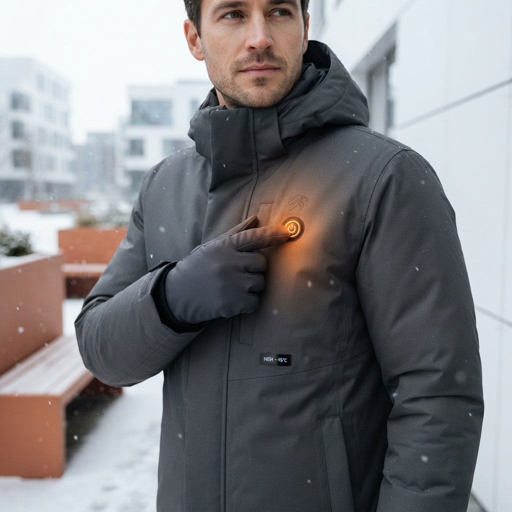 A man in a winter parka pressing a button on his chest to activate the heated jacket settings.