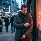 A man wearing a charcoal USB-heated winter parka standing on a city street at night, capturing a candid and warm winter momen