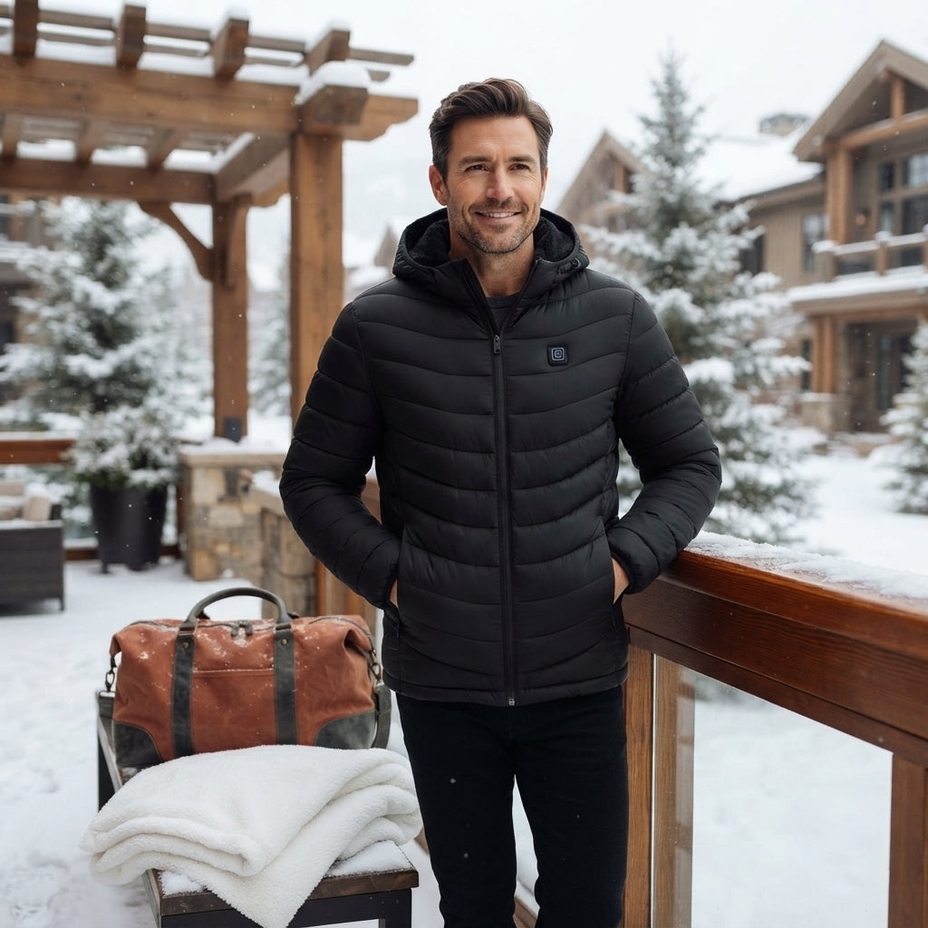 A man wearing a heated winter parka standing in a snowy environment, looking warm and comfortable.