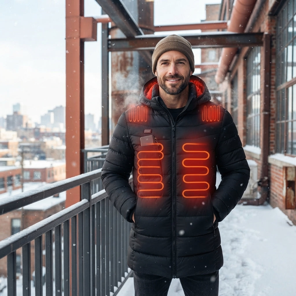 A man wearing a rugged, heated winter parka in a snowy urban environment.