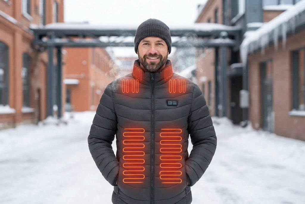 Parka calefactable Heatvo con las zonas de calor encendidas en pecho y abdomen